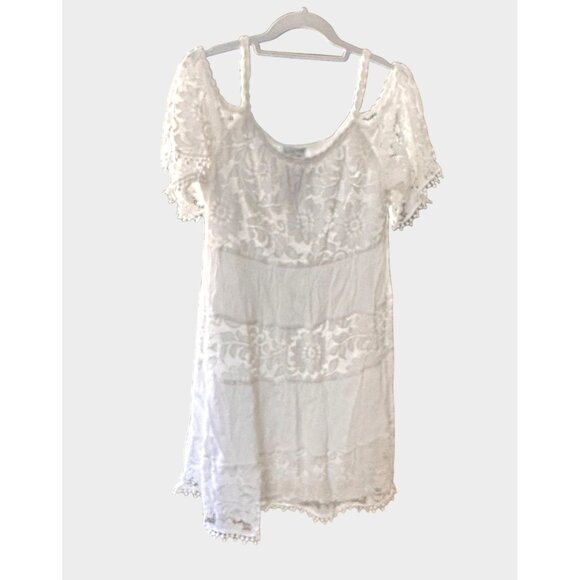 Signature Size L Robbie Bee White Lace Off-Shoulder Dress Pom Trim Sleeves - Picture 7 of 9